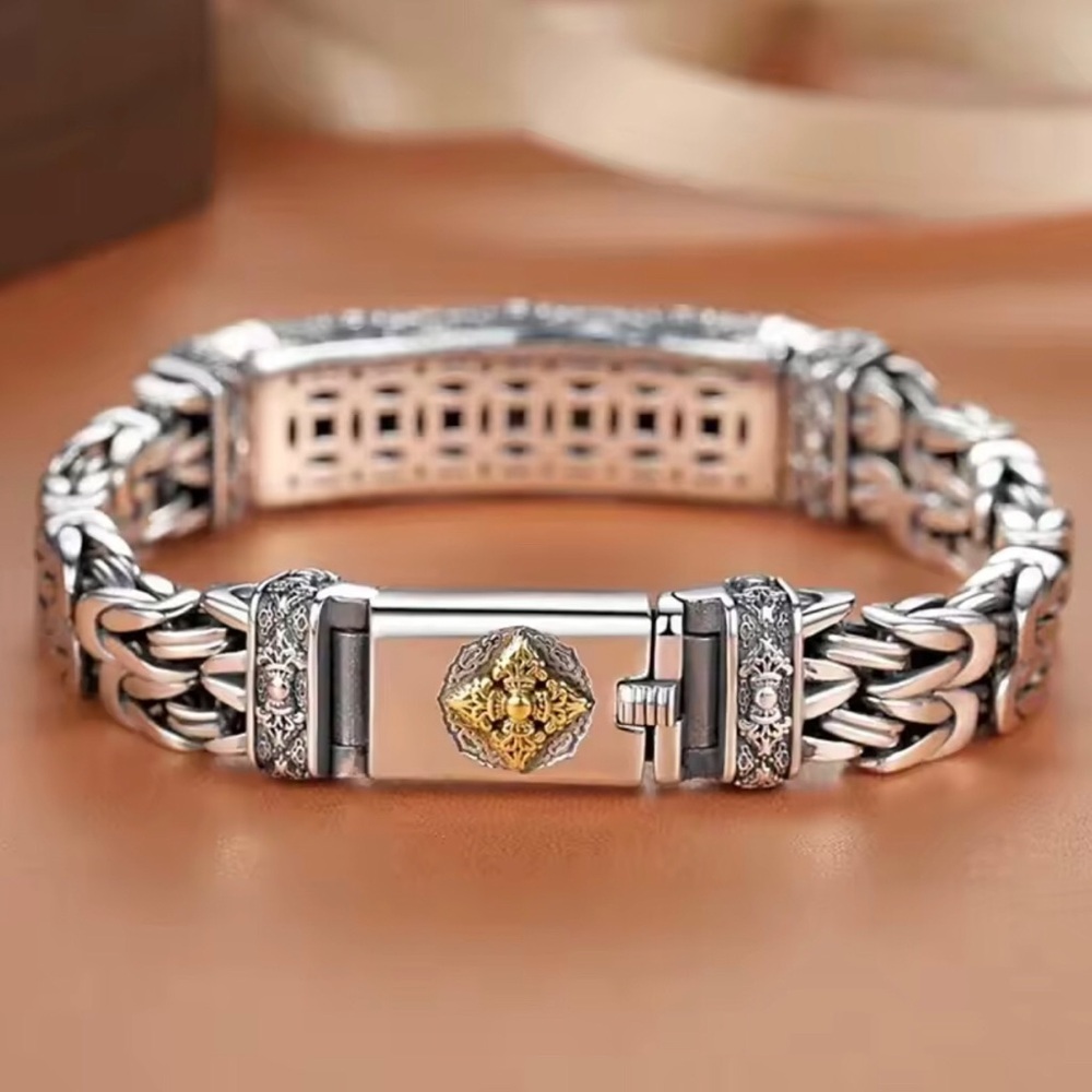 Stainless steel and Gold Accent Men's Chain Bracelet - Elegant Two-Tone Design